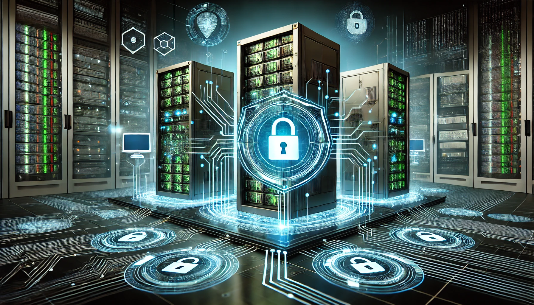 DALL·E 2025-01-26 12.06.20 - A high-tech digital image featuring multiple futuristic computers interconnected with glowing blue and green cybernetic circuits. A cybersecurity shie